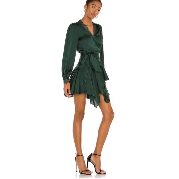 Lovers & Friends Nadeen Mini Dress V Neck Wrap Lace Romantic Emerald Green Sz M - Picture 1 of 16